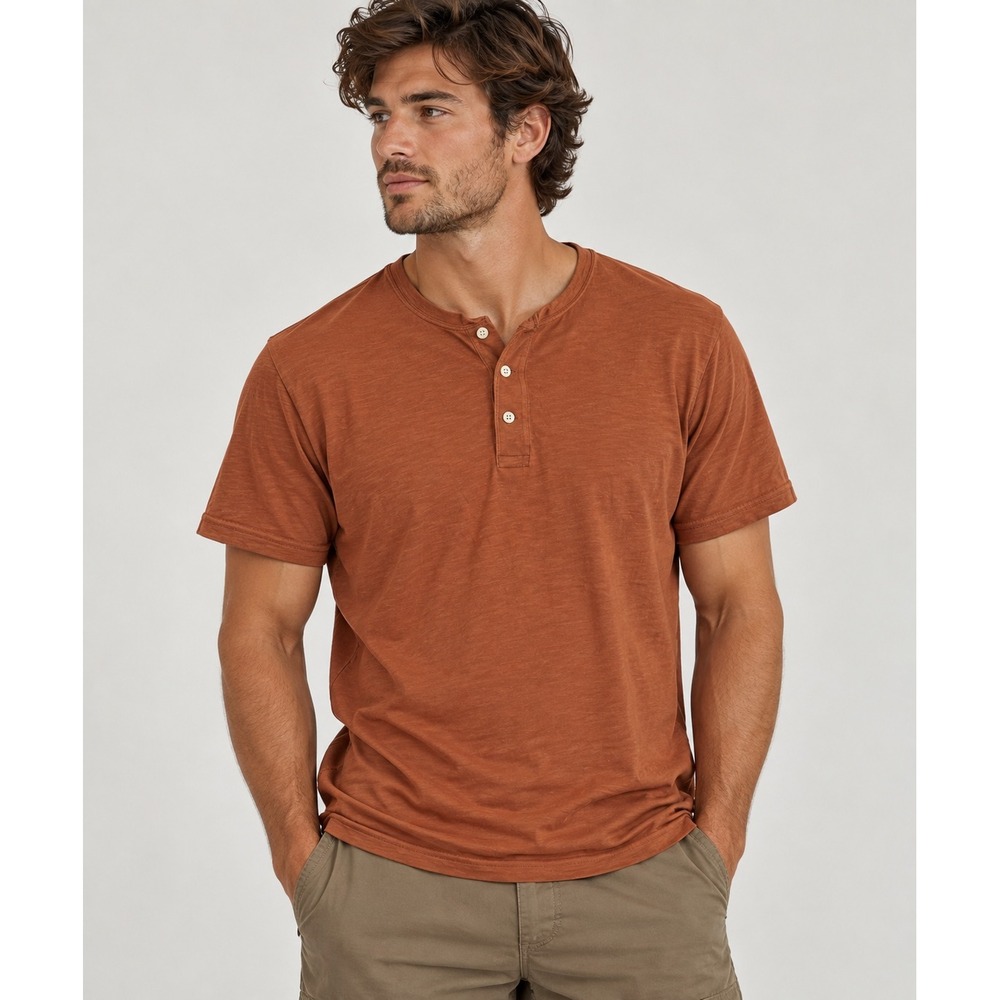 J.Crew Henley Cotton Shirt Orange Slub Short Sleeve Re-Imagined Mens Medium